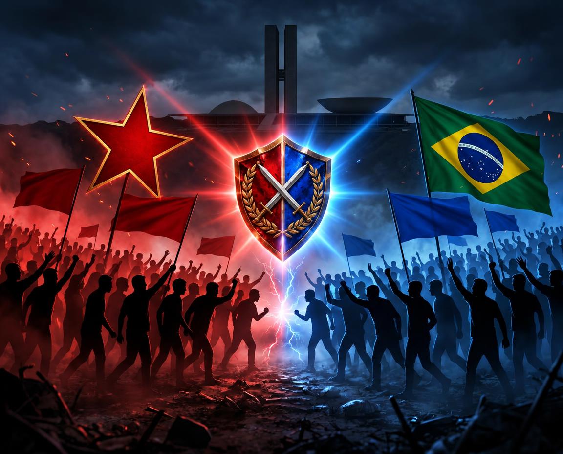 Ilustração de dois exércitos em silhueta frente a frente: à esquerda uma estrela vermelha, à direita a bandeira do Brasil, com um escudo dividido ao centro